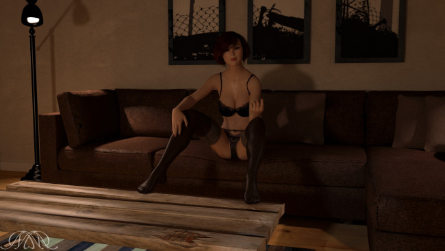 Обои картинки фото 3д графика, люди , people, интерьер, фон, взгляд, девушка