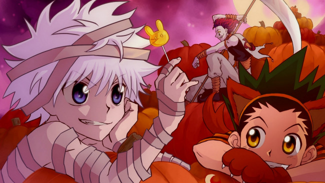 Обои картинки фото аниме, hunter x hunter, арт, хеллоуин, хисока, гон, киллуа