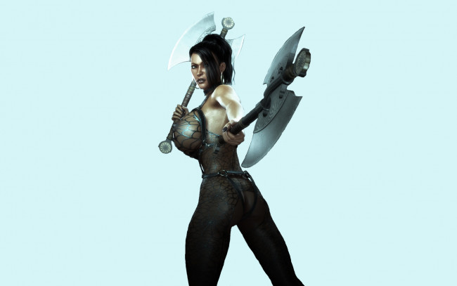 Обои картинки фото 3д графика, амазонки , amazon, девушка, фон, взгляд, секира