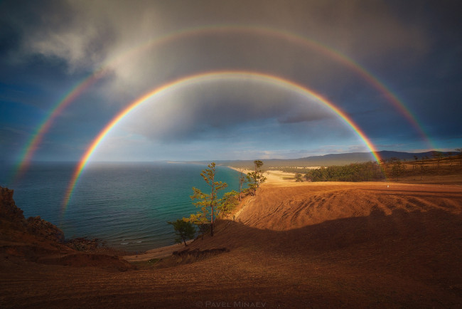 Обои картинки фото природа, радуга, тучи, море