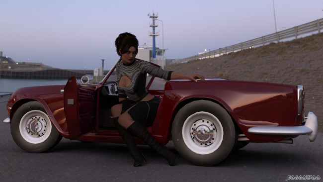 Обои картинки фото 3д графика, люди-авто, мото , people- car ,  moto, автомобиль, фон, девушка, взгляд