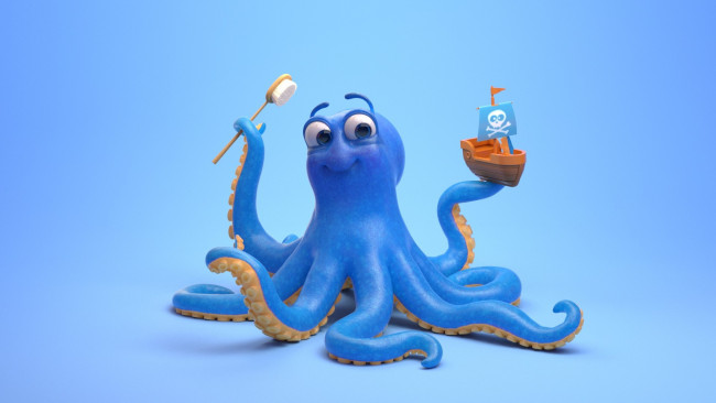 Обои картинки фото 3д графика, юмор , humor, фон, кораблик, осьминог