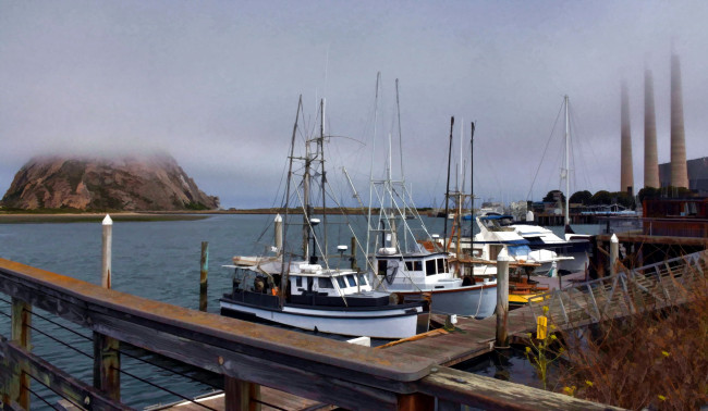 Обои картинки фото корабли, рисованные, залив, яхты, причал