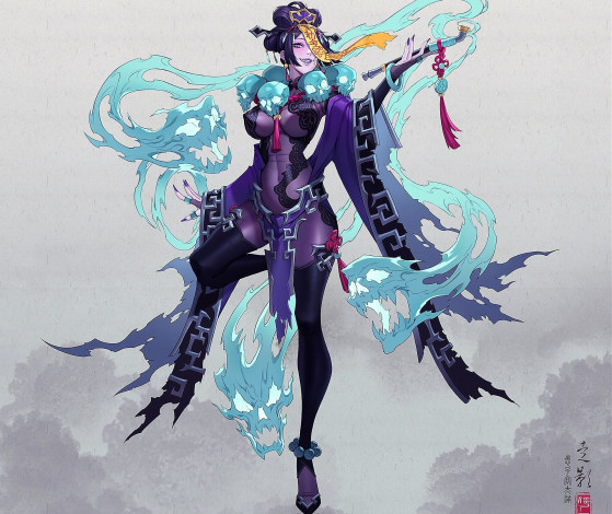 Обои картинки фото фэнтези, демоны, девушка, трубка, черепа