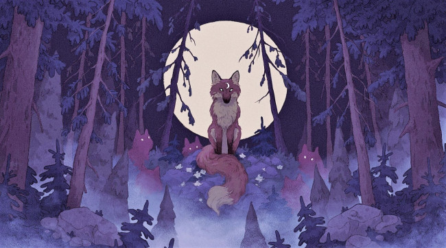 Обои картинки фото рисованное, животные,  лисы, лес, луна, лисы