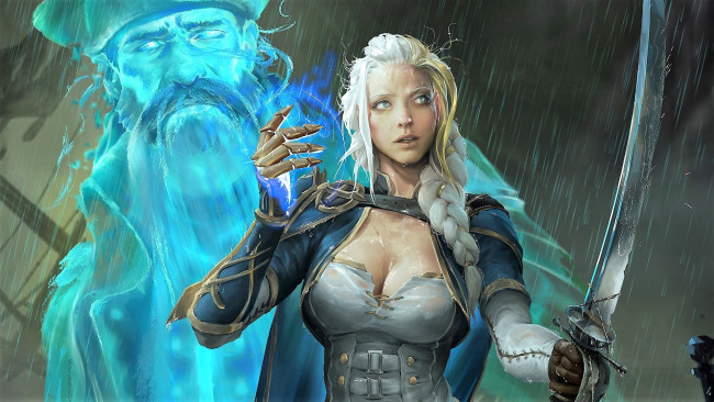 Обои картинки фото видео игры, world of warcraft, jaina, proudmoore, сабля, дождь, призрак