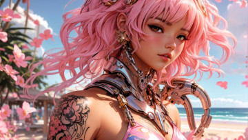 Картинка 3д+графика фантазия+ fantasy девушка киборг пляж