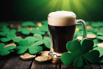 обоя праздничные, день святого патрика, бокал, пиво, монеты, клевер, трилистник