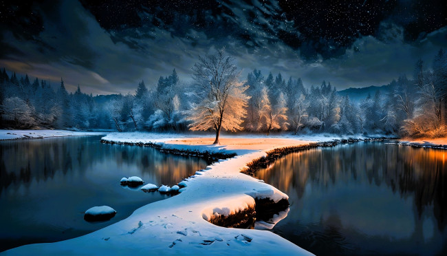 Обои картинки фото рисованное, природа, зима, деревья, снег, озеро