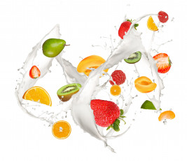 Картинка еда фрукты +ягоды брызги капли молоко strawberry lemon kiwi raspberry fruits spray fresh свежесть apricot pear mandarin milk drops киви лимон всплеск груша мандарины абрикос клубника малина
