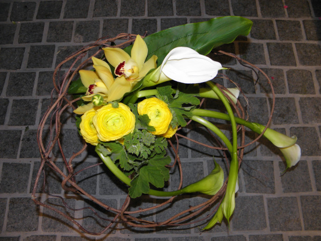 Обои картинки фото цветы, букеты,  композиции, орхидеи, каллы, лютики