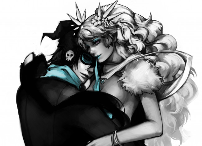 Обои картинки фото аниме, *unknown , другое, череп, очки, объятия, парень, девушка, цветы