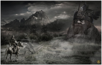 Картинка фэнтези фотоарт горы голова всадники