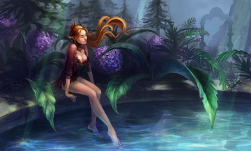 Картинка фэнтези существа ножки сидит арт фантастика эльфийка эротика вода