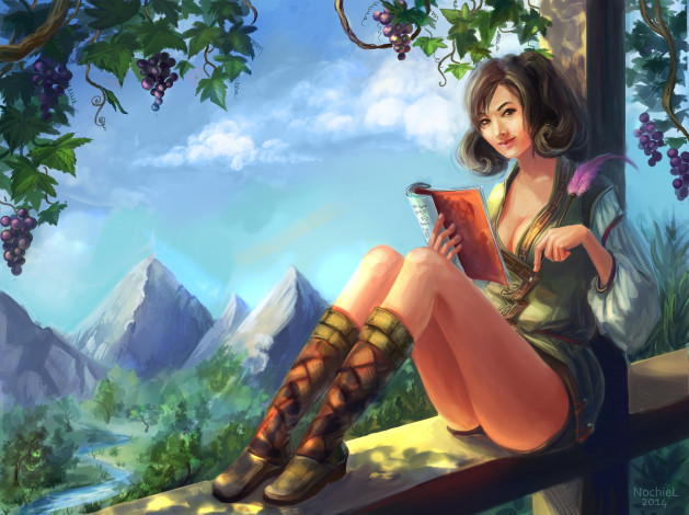 Обои картинки фото фэнтези, девушки, карандаш, тетрадь, ножки, природа, перо, сидит, взгляд, арт, девушка