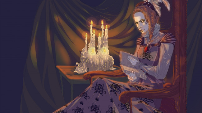 Обои картинки фото фэнтези, девушки, стул, стол, свечи, открытая, книга, перья, взгляд, прическа, арт, платье, женщина