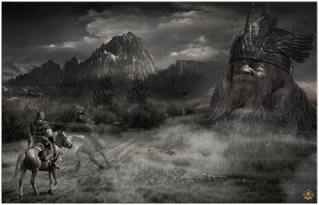Обои картинки фото фэнтези, фотоарт, горы, голова, всадники