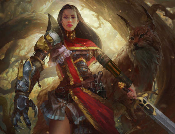 Обои картинки фото фэнтези, красавицы и чудовища, фантастика, арт, девушка, доспехи, меч, хищник, кошка, рысь