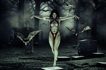 Картинка 3д+графика фантазия+ fantasy девушка фон взгляд мышь кладбище купальник