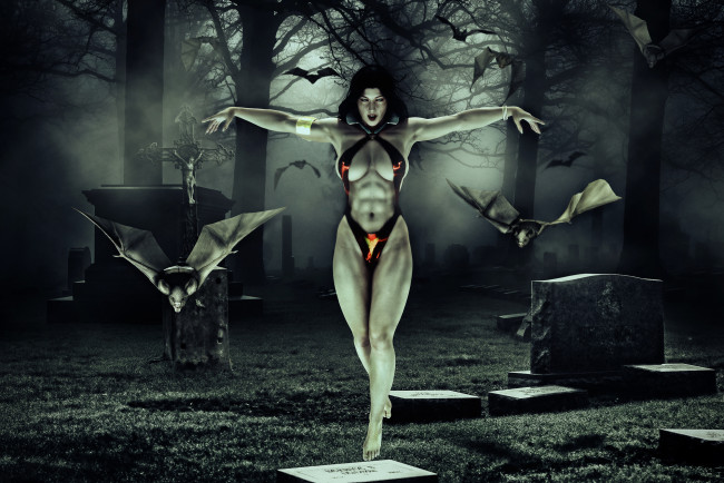 Обои картинки фото 3д графика, фантазия , fantasy, девушка, фон, взгляд, мышь, кладбище, купальник