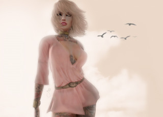 Картинка 3д+графика люди+ people фигура лицо птицы девушка фон тату