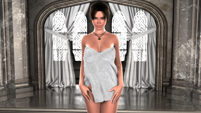 Обои картинки фото 3д графика, люди , people, полотенце, взгляд, фон, девушка