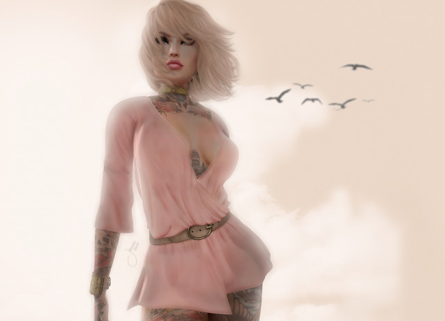 Обои картинки фото 3д графика, люди , people, фигура, лицо, птицы, девушка, фон, тату