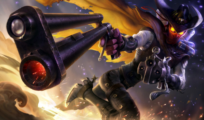 Обои картинки фото видео игры, league of legends, шляпа, персонаж, high, moon, jhin, оружие, плащ