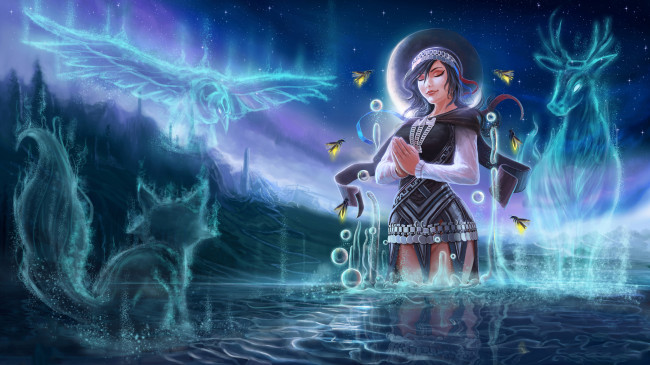 Обои картинки фото фэнтези, маги,  волшебники, девушка, фон, вода, медитация, звери, птица