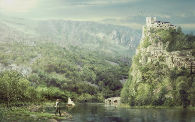 Обои картинки фото разное, компьютерный дизайн, скала, фон, город, река, парусник