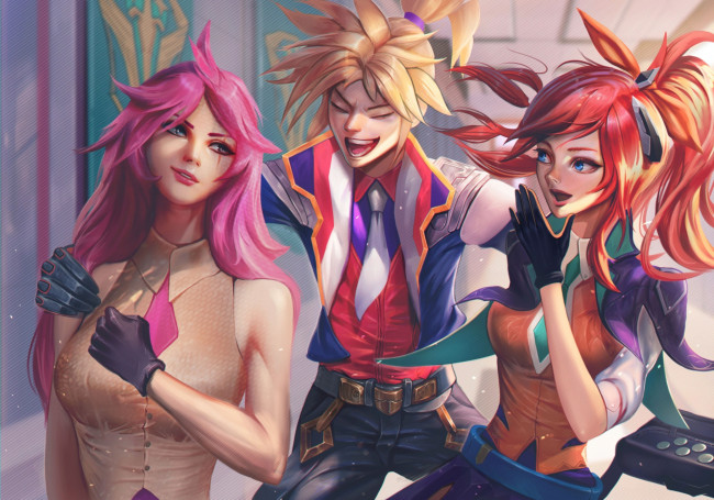 Обои картинки фото видео игры, league of legends, ezreal, fan, art, katarina, lux, league, of, legends