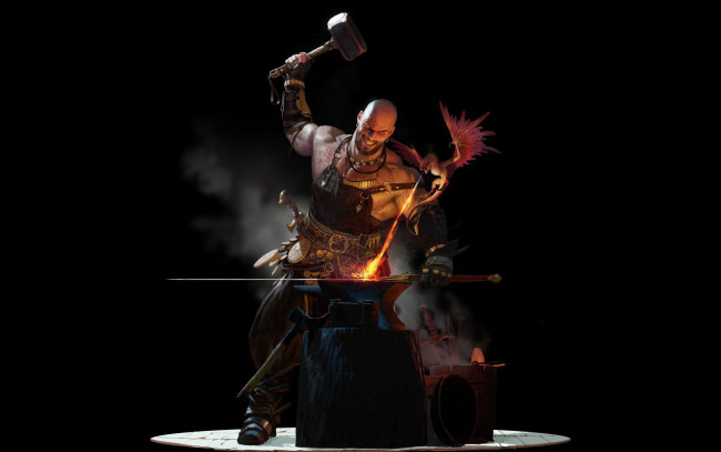 Обои картинки фото фэнтези, люди, кузнец, инструменты, меч, наковальня, дракон