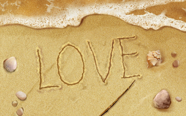 Обои картинки фото разное, надписи,  логотипы,  знаки, любовь, надпись, песок, море, ракушки
