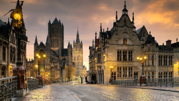 Картинка города гент+ бельгия улица фонари вечер старинные здания
