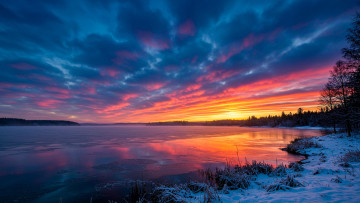 Картинка природа реки озера облака небо река закат снег зима лес