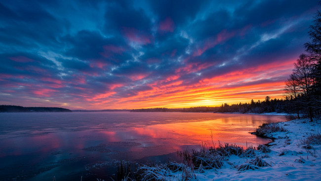 Обои картинки фото природа, реки, озера, облака, небо, река, закат, снег, зима, лес