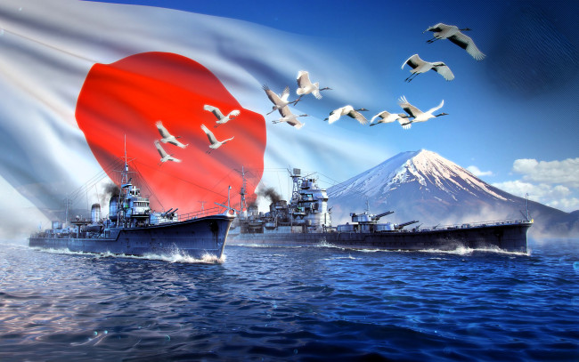 Обои картинки фото видео игры, world of warships, корабли, море, журавли, гора, флаг, япония