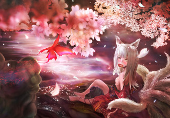 Картинка аниме animals лисичка девушка ушки хвост