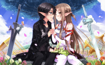 Картинка аниме sword art online бабочка уши коса лепестки цветы оружие облака закрытые глаза меч румянец