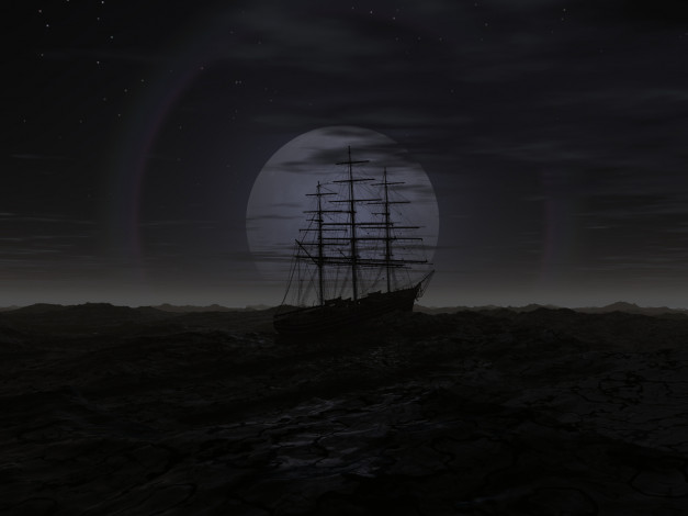 Обои картинки фото 3д, графика, sea, undersea, море, ночь, луна, парусник