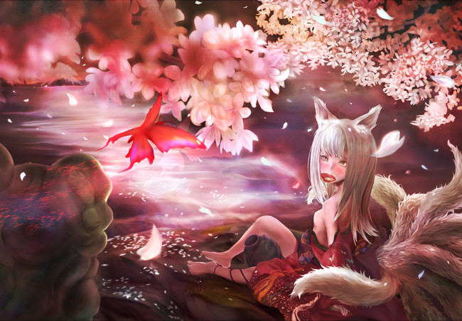 Обои картинки фото аниме, animals, лисичка, девушка, ушки, хвост