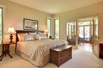 Картинка интерьер спальня комод терасса кровать