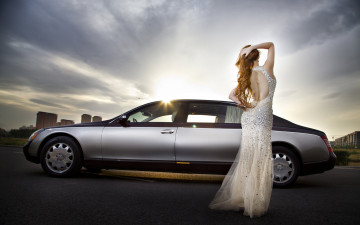 обоя автомобили, авто, девушками, автомобиль, платье, взгляд, рыжая, девушка