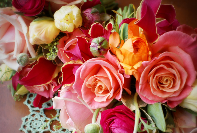 Обои картинки фото цветы, разные, вместе, розы, ранункулюс