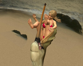 обоя рelikanovom on beach, 3д графика, fantasy , фантазия, пляж, пеликан, девушка