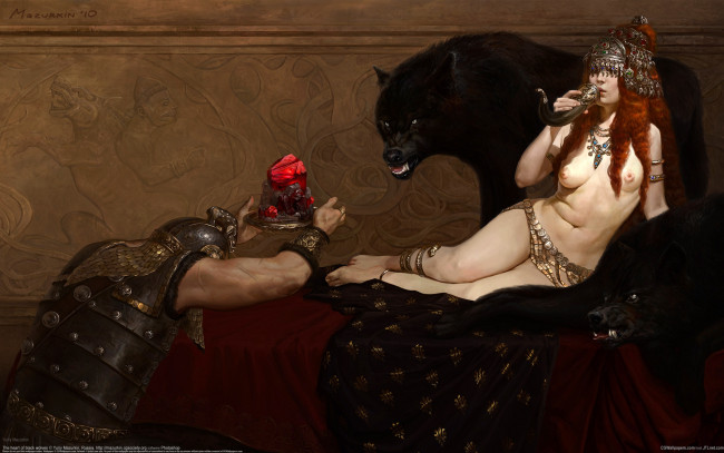Обои картинки фото yuriy mazurkin, фэнтези, красавицы и чудовища, yuriy, mazurkin, юрий, мазуркин, девушка, воин, слуга, подношение, волки, грудь
