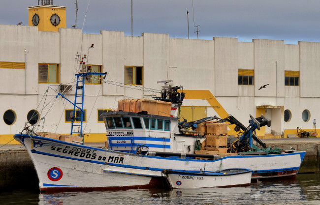 Обои картинки фото корабли, разные вместе, шлюпка, набережная, причал, рыболов