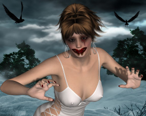 Картинка 3д+графика фантазия+ fantasy деревья взгляд фон девушка птицы