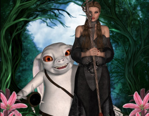 Картинка 3д+графика фантазия+ fantasy фон цветы посох существо лес взгляд девушка