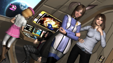 Картинка 3д+графика фантазия+ fantasy девушки улыбки космический корабль фон взгляд